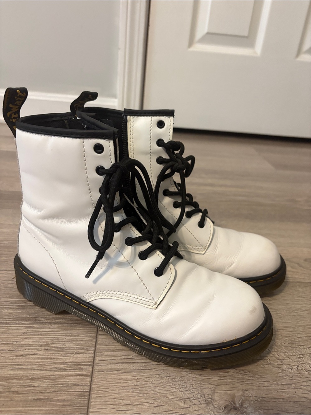 Dr. Martens White Leather Lace-Up Boots with Black Laces